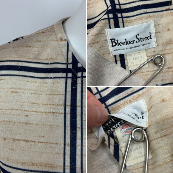 Vintage 70s Polyester Dress Women's Medium Striped Plaid Blue Cream Shift - Picture 10 of 11